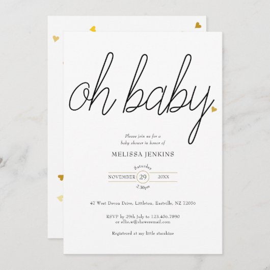 Oh Baby Chic Script Gold Liebe Heart Baby Dusche Einladung (Vorne/Hinten)