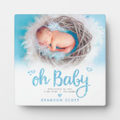 "Oh Baby" Chic Sweet Boy Birth Foto Blue Keepake Fotoplatte (Vorderseite)