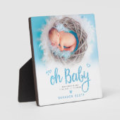"Oh Baby" Chic Sweet Boy Birth Foto Blue Keepake Fotoplatte (Vorderseite)