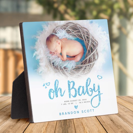"Oh Baby" Chic Sweet Boy Birth Foto Blue Keepake Fotoplatte