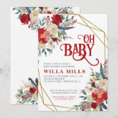 Oh Baby Christmas Red Greenery Gold Baby Dusche Einladung (Vorne/Hinten)