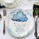 Oh Baby Cloud Baby Duschvorschau Pappteller<br><div class="desc">Oh Baby Cloud Babydusche Template Teller personalisiert Geschirr Dekoration niedlich Aquarellblau Wolken mit Regentropfen Babydusche personalisierte Teller</div>