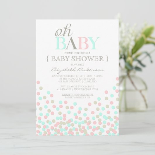 Oh Baby Confetti | Moderne Kinderdusche Einladung (Stehend Vorderseite)