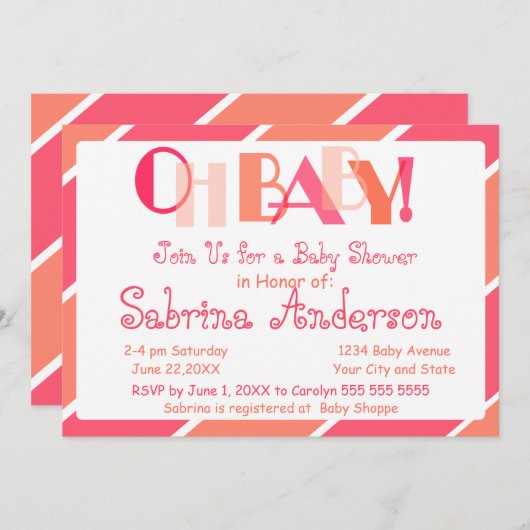 Oh Baby Coral Moderne Whimsical Baby Dusche Einladung (Vorne/Hinten)