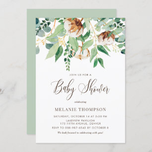 Oh Baby Cotton Blossoms und Eucalyptus Baby Dusche Einladung
