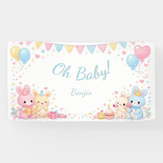 Oh Baby Cute Bunny Pastel Baby Shower Boy Banner (Horizontal)