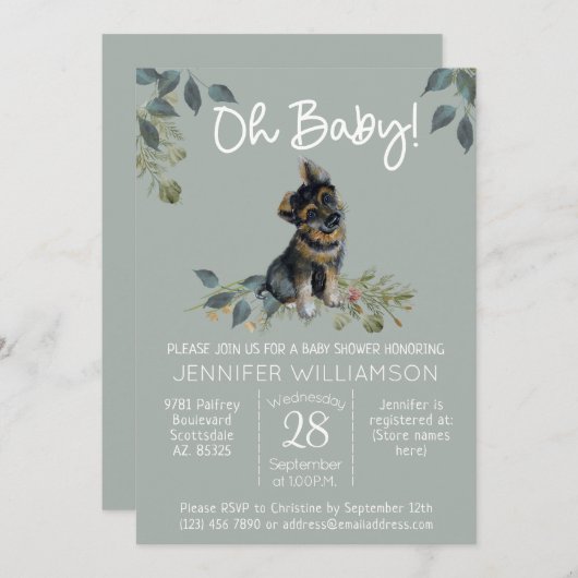 Oh, Baby! Dog Baby Shower German Shepherd Sage Einladung (Vorne/Hinten)