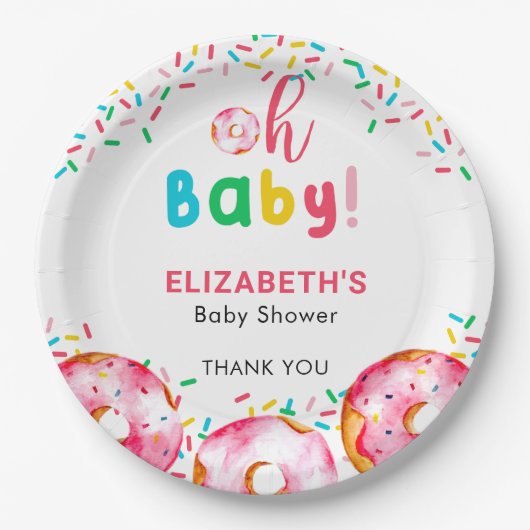 Oh Baby Donut Dusche Niedliche Regenbogensprinklen Pappteller (Vorderseite)