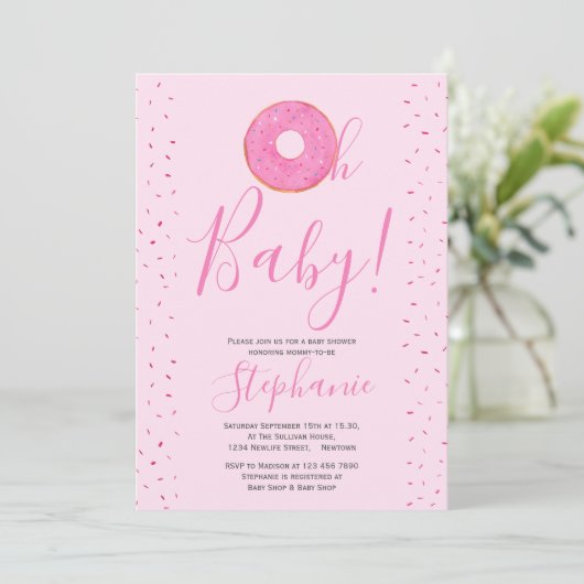 Oh Baby Donut Pink Girl's Baby Shower Einladung (Stehend Vorderseite)