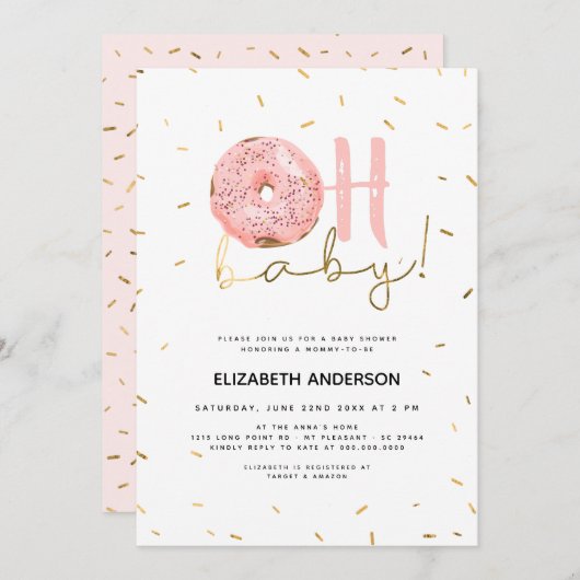 Oh Baby Donut & Sprinkles Gold Girl Baby Shower Einladung (Vorne/Hinten)