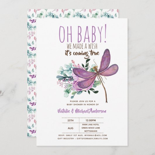 Oh Baby DRAGONFLY machen eine Wunschdusche floral Einladung (Vorne/Hinten)