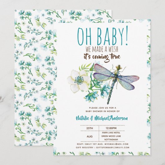 Oh Baby DRAGONFLY machen eine Wunschdusche floral Einladung (Vorne/Hinten)