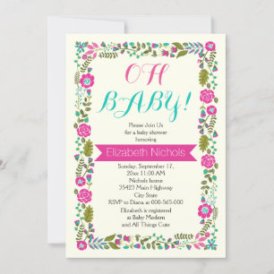 Oh Baby Dusche Aqua, rosa moderne Blumengrenze Einladung