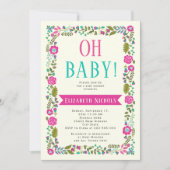 Oh Baby Dusche Aqua, rosa moderne Blumengrenze Einladung (Vorderseite)