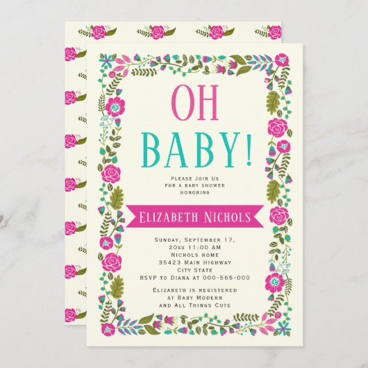Oh Baby Dusche Aqua, rosa moderne Blumengrenze Einladung (Vorne/Hinten)