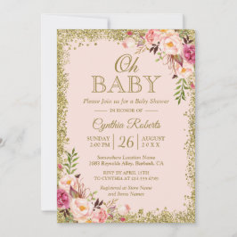 Oh Baby Dusche - Blush Pink Gold Glitzer Blütendus Einladung