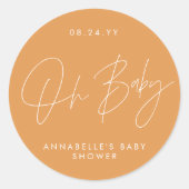 Oh Baby Dusche Drehbuch moderne orange elegant Runder Aufkleber (Vorderseite)