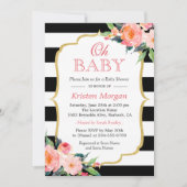 Oh Baby Dusche Moderne florale Gold Rahmen Streife Einladung (Vorderseite)