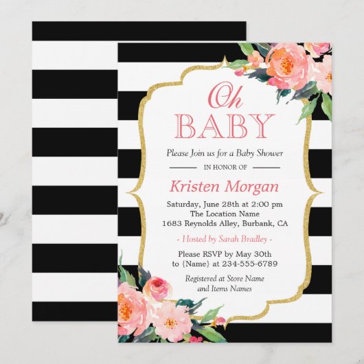 Oh Baby Dusche Moderne florale Gold Rahmen Streife Einladung (Vorne/Hinten)