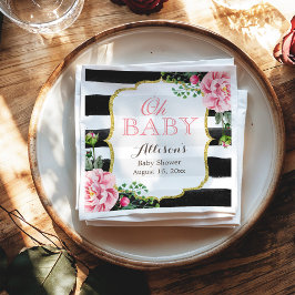 Oh Baby Dusche Rosa Blütenfarben Goldene Streifen Serviette