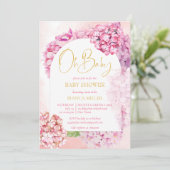 Oh Baby Dusche rosa Hydrangeas eleganten Blumenbog Einladung (Stehend Vorderseite)