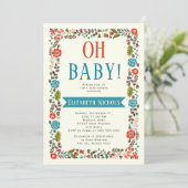 Oh Baby Dusche rot und aquamarin moderne Blumengre Einladung (Stehend Vorderseite)