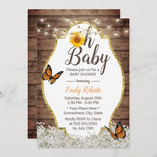 Oh Baby Dusche Rustikale Blütenblumen Schmetterlin Einladung (Vorne/Hinten)