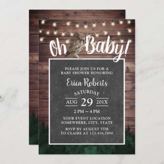 Oh Baby Dusche Rustikale Wald Owl String Lights Einladung (Vorne/Hinten)