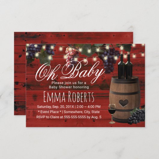 Oh Baby Dusche Rustikaler Wein Barrel Land Red Bar Einladung (Vorne/Hinten)