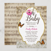 Oh Baby Dusche Rustikales Gipskraut floral Musical Einladung (Vorne/Hinten)