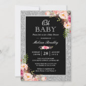 Oh Baby Dusche Silver Glitzer Glitzern Pink Floral Einladung (Vorderseite)