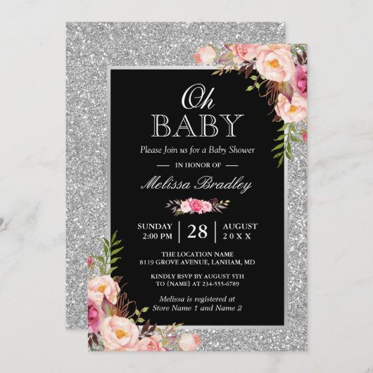 Oh Baby Dusche Silver Glitzer Glitzern Pink Floral Einladung (Vorne/Hinten)