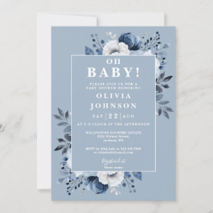 Oh Baby Dusty Blue Elegante Florale Babyparty Einladung