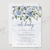 Oh Baby | Dusty Blue Watercolor Blume Dusche Einladung (Vorderseite)