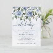 Oh Baby | Dusty Blue Watercolor Blume Dusche Einladung (Stehend Vorderseite)