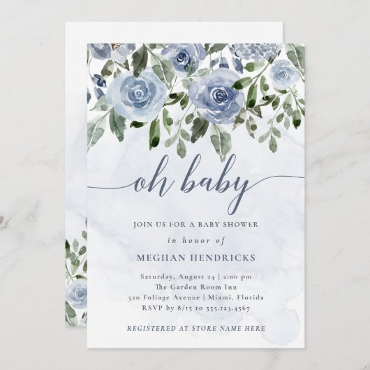 Oh Baby | Dusty Blue Watercolor Blume Dusche Einladung (Vorne/Hinten)
