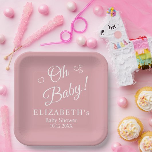 "Oh Baby" Dusty Pink Moderne Minimalistische Babyd Pappteller (Party)
