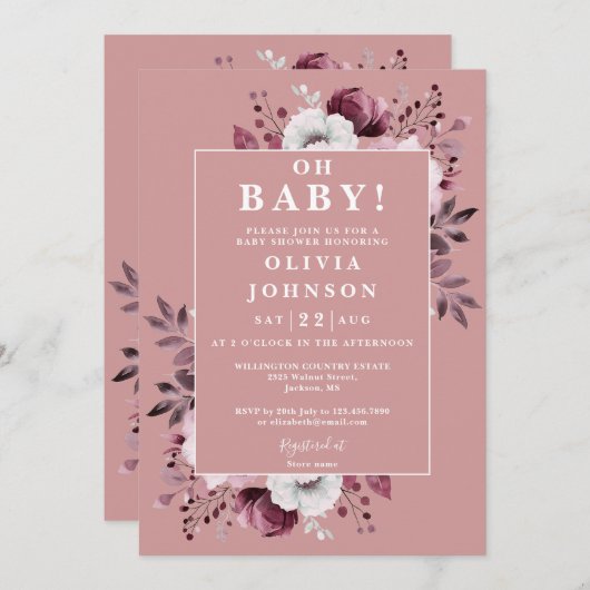Oh Baby Dusty Rose Bloral Alles in einer Babydusch Einladung (Vorne/Hinten)