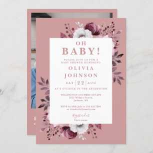 Oh Baby Dusty Rose Floral Foto QR Babydusche Einladung