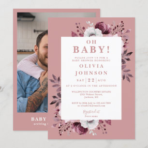 Oh Baby Dusty Rose Rustikale Blumen Foto-Baby-Part Einladung