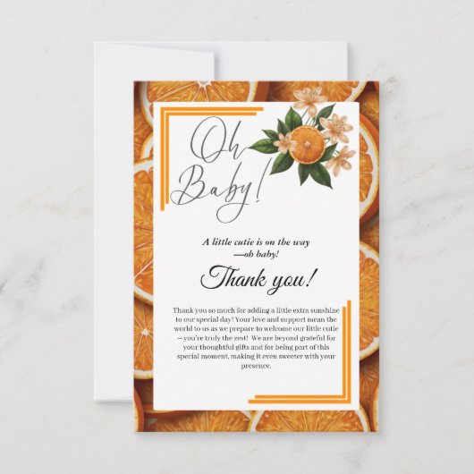 Oh Baby eine kleine Süsse Orange Citrus Baby Dusch Dankeskarte (Vorderseite)