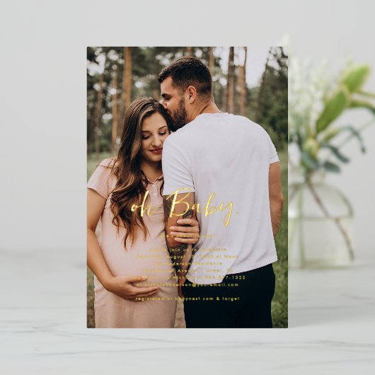 Oh Baby | Einfache Foto Babydusche Folieneinladung (Stehend vorne)