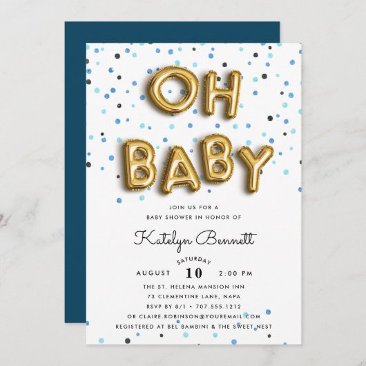 Oh Baby | Einladung für Navy & Gold Baby-Dusche (Vorne/Hinten)