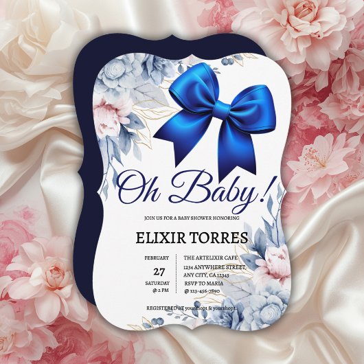 Oh, Baby! Elegant Blues Blue Bow Baby Shower Einladung