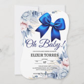 Oh, Baby! Elegant Blues Blue Bow Baby Shower Einladung (Vorderseite)