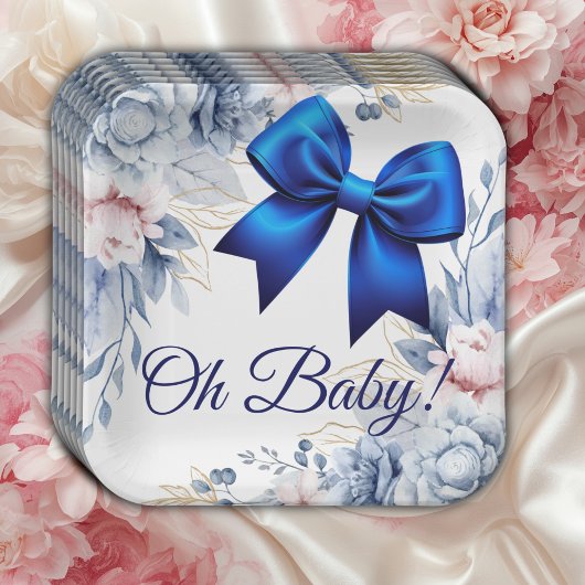 Oh, Baby! Elegant Blues Blue Bow Baby Shower Pappteller