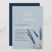 Oh Baby Elegant Script Blue Pampas Baby Shower Einladung (Vorne/Hinten)