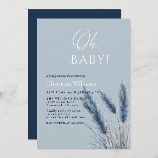 Oh Baby Elegant Script Blue Pampas Baby Shower Einladung (Vorne/Hinten)