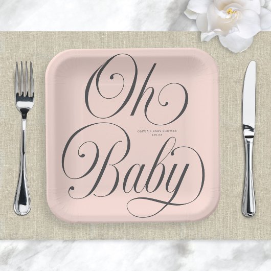 Oh Baby Elegant Script Blush Pink Girl Baby Shower Pappteller