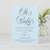 Oh Baby Elegant Script Light Blue Boy Baby Shower Einladung (Stehend Vorderseite)